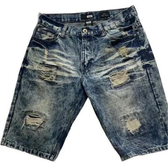 Hype Jean Short Mens Size 32 Acid Wash Distressed Whiskers Urban Hip Hop Pant - Picture 3 of 7